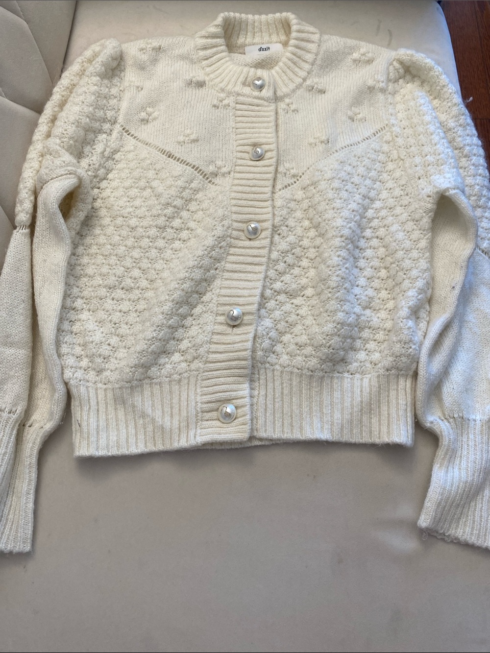 Cream Textured Knit Cardigan Sweater